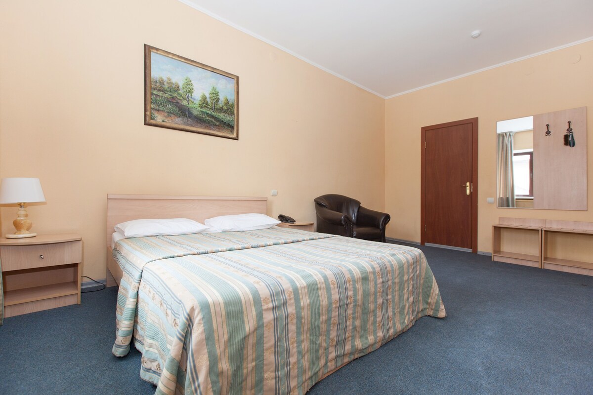 Habitación de hotel con cama, una silla, un escritorio con lámpara, un cuadro en la pared y una puerta.