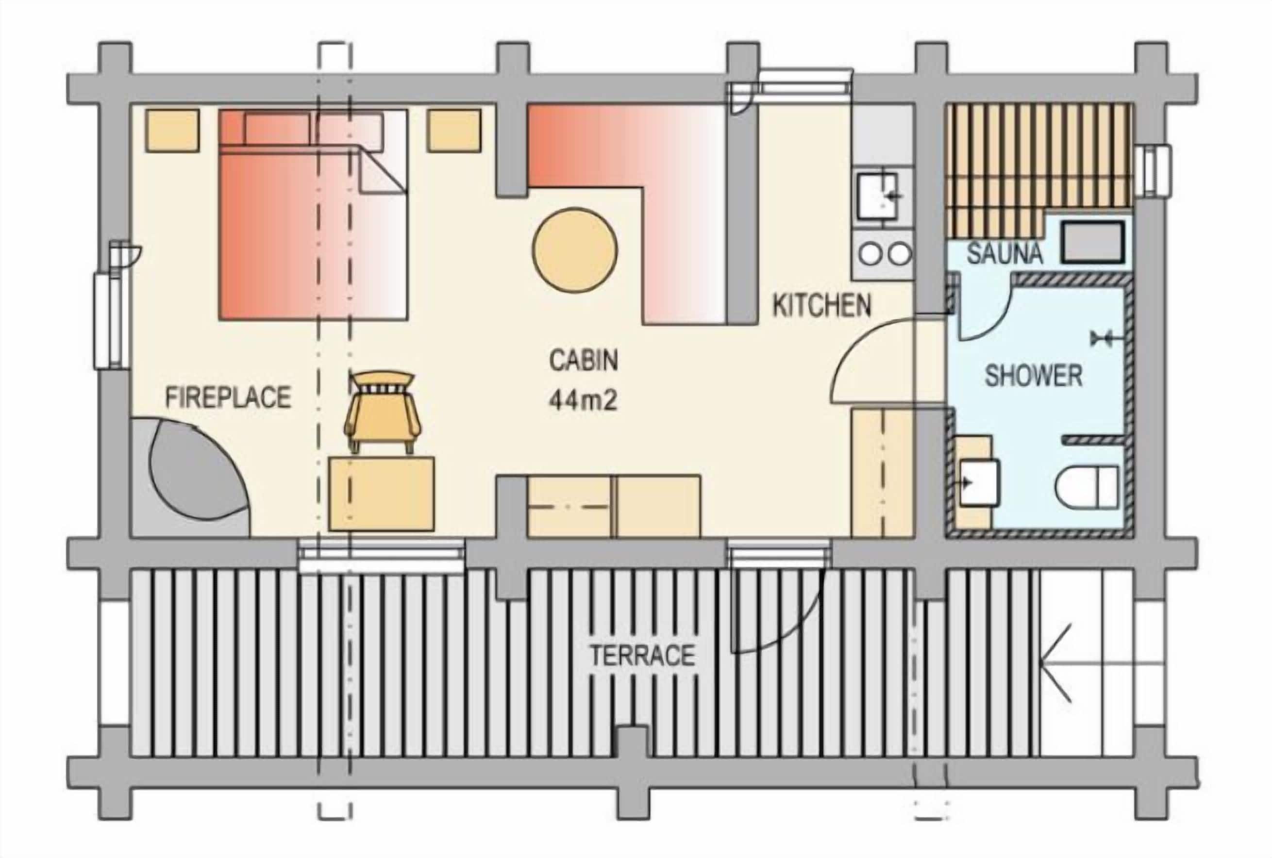Plano de planta que muestra una cabaña, cocina, sauna, ducha, chimenea y terraza.