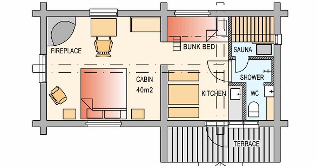 A floor plan with a fireplace, bunk bed, sauna, shower, kitchen, WC, and a terrace.
