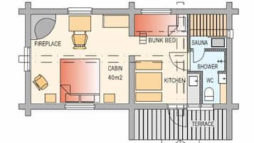 A floor plan with a fireplace, bunk bed, sauna, shower, kitchen, WC, and a terrace.