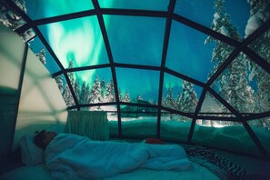 Una estructura acogedora tipo iglú con una persona durmiendo en su interior, rodeada de árboles cubiertos de nieve y una vista de las auroras boreales.