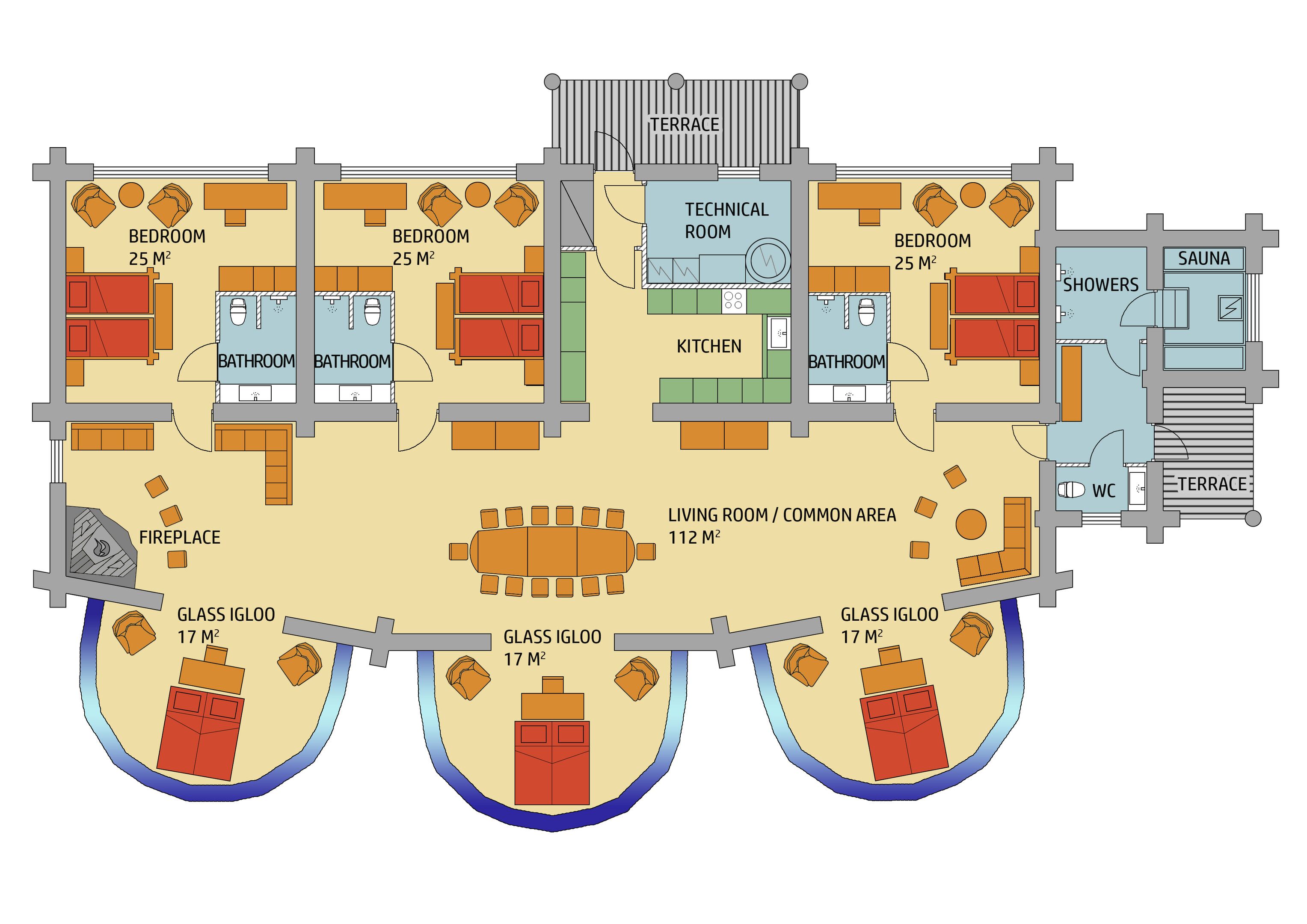 A floor plan of a hotel with two bedrooms, two bathrooms, a kitchen, a technical room, a living room, a sauna, showers, a terrace, and three glass igloos.