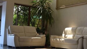 A living room with two beige sofas, a large potted plant, and a window with a view of greenery. - Ozana (Bistri?a)