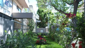 A courtyard with a grassy area, various plants, and a tree. - Elements Rooms and Apartments (Chalandri)