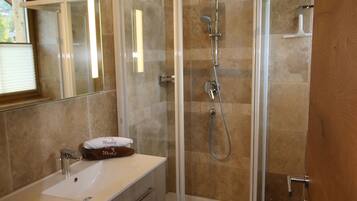 A modern bathroom with a glass-enclosed shower, a vanity with a sink, and a mirror.