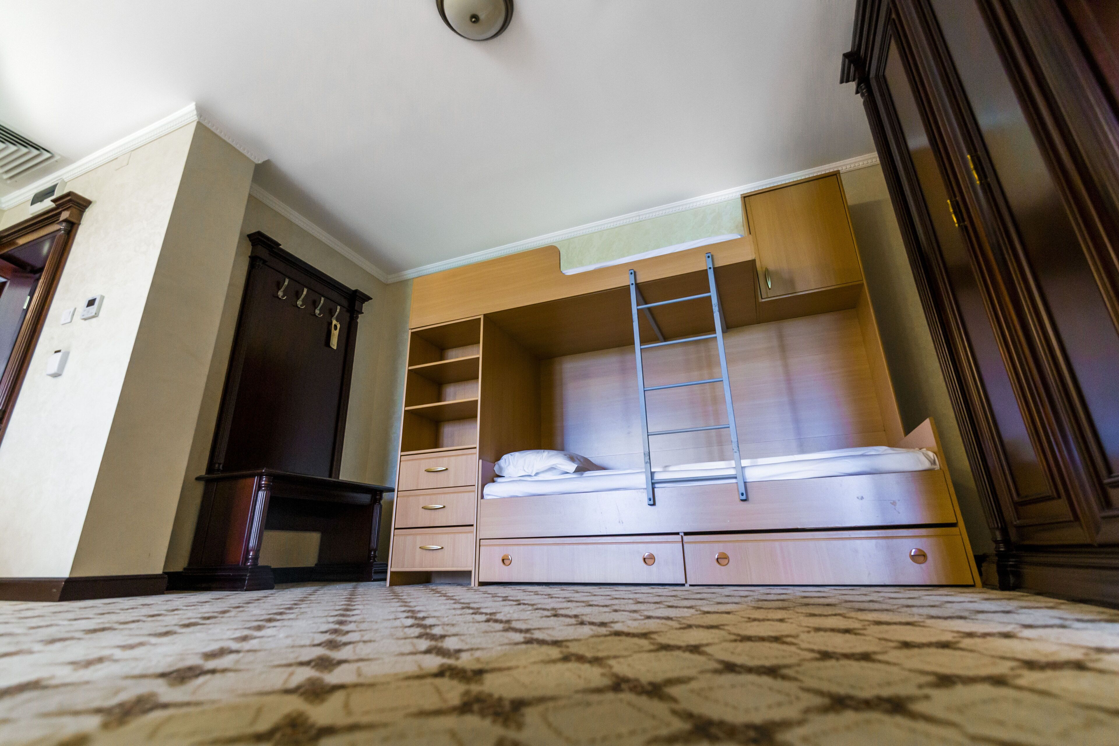 A room with a bunk bed, a ladder, a wardrobe, and a carpeted floor.