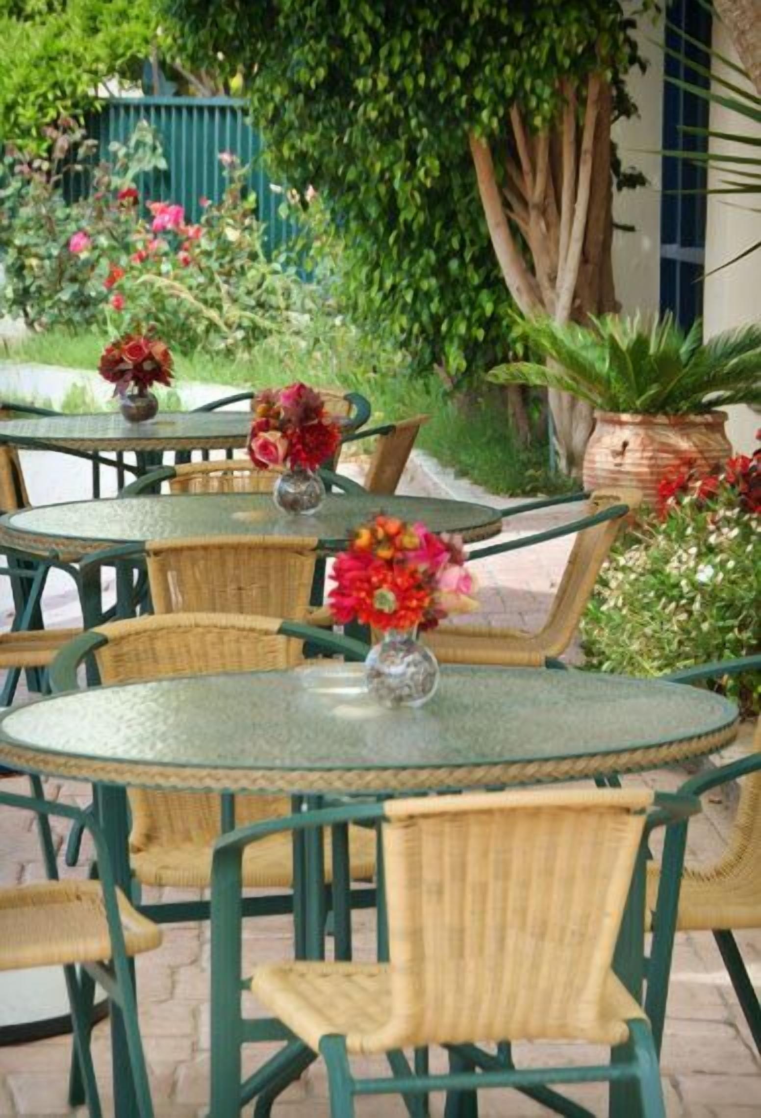 Outdoor seating with wicker chairs and round tables, surrounded by greenery and potted plants.