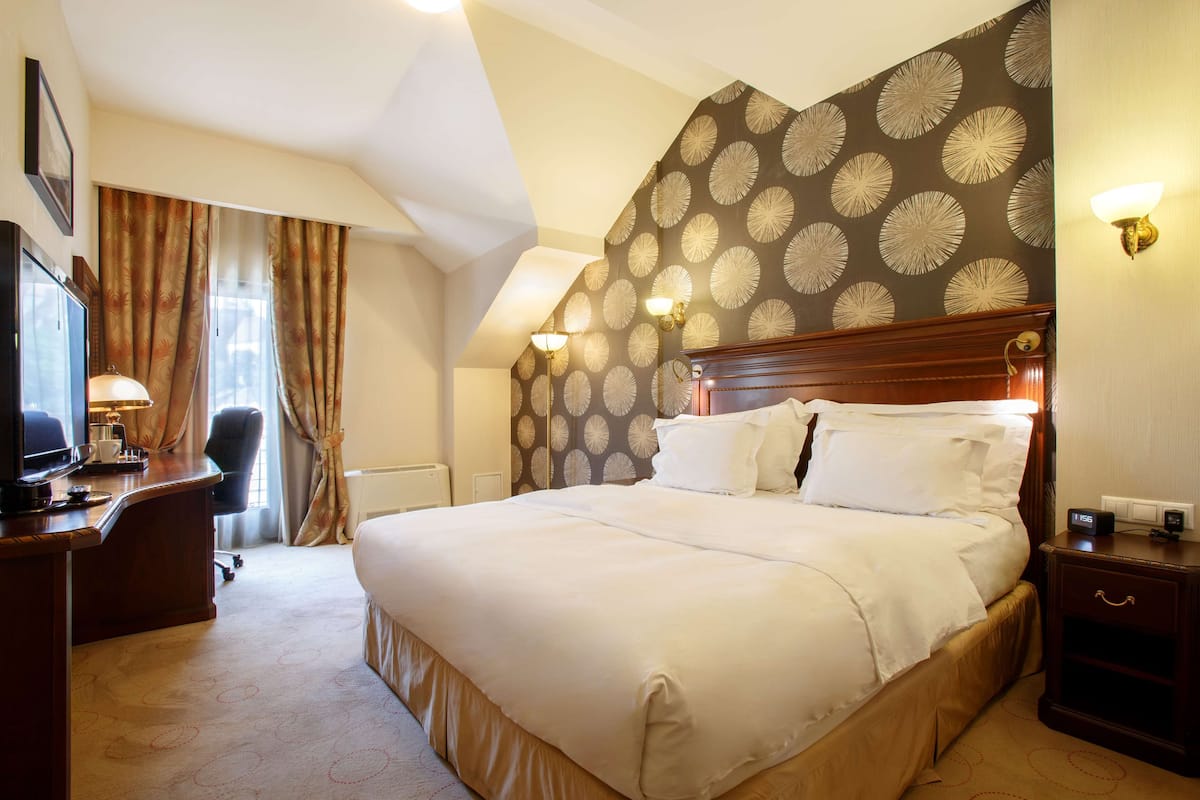 Een hotelkamer met een groot bed, een bureau met een computer, een stoel en een televisie.