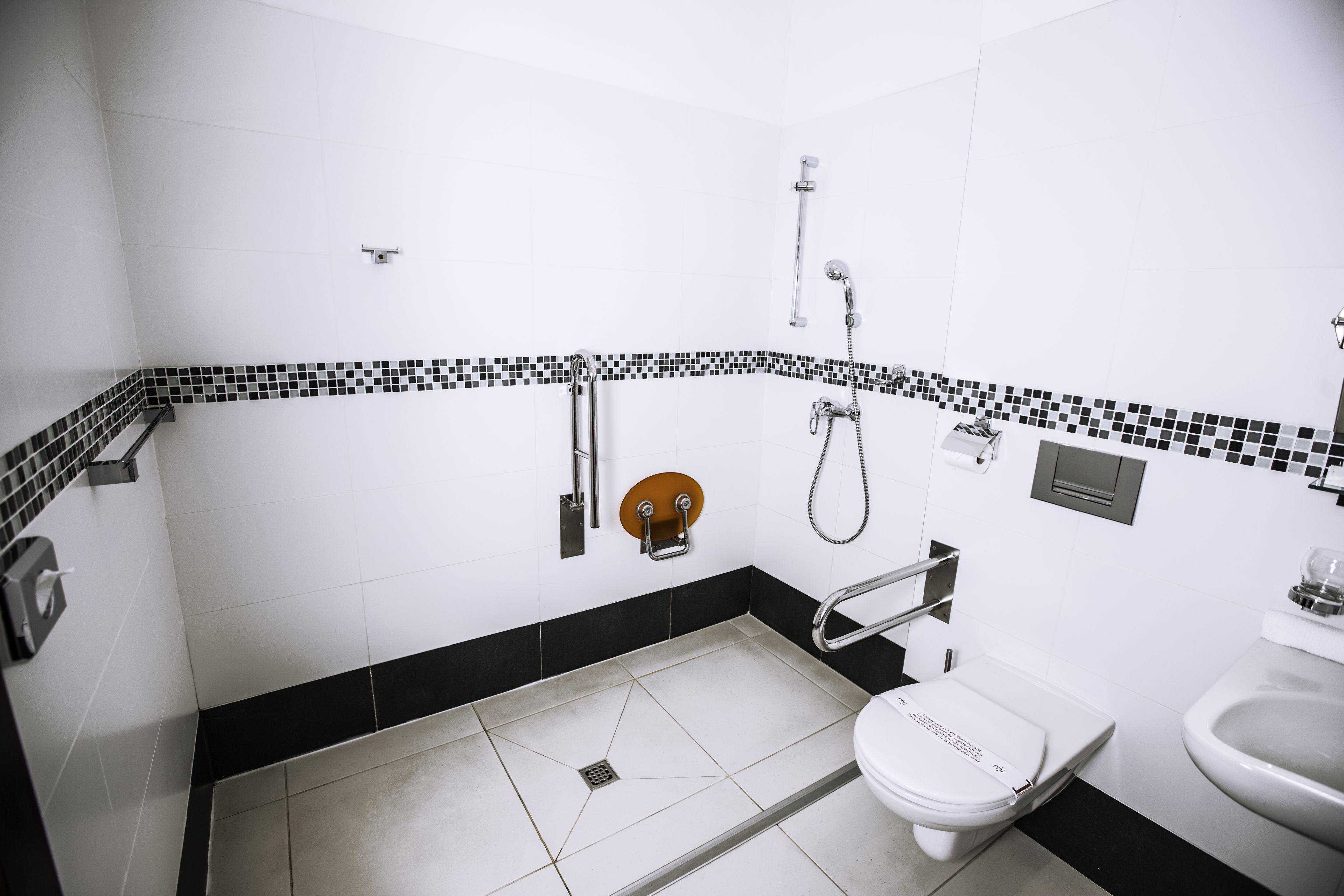 Un baño con inodoro blanco, lavabo y zona de ducha.