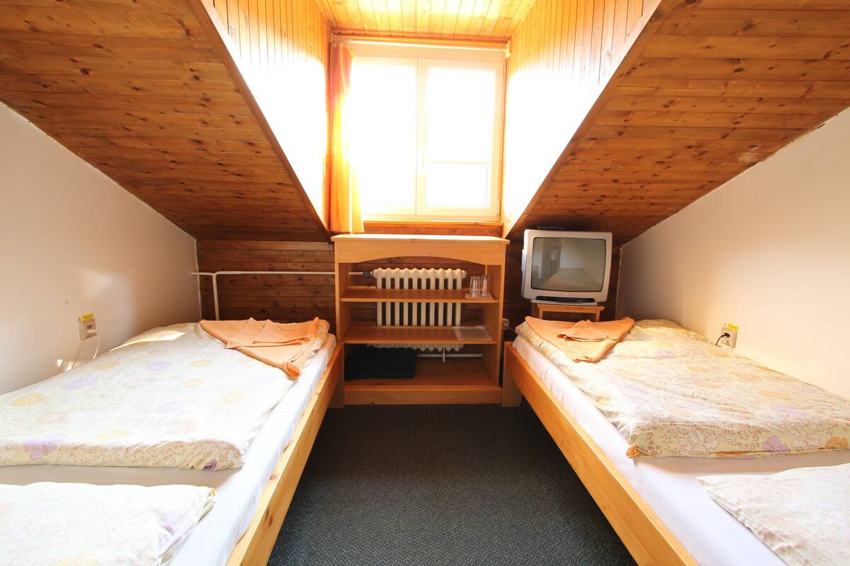 A small attic bedroom with two single beds, a wooden ceiling, a window, and a television.