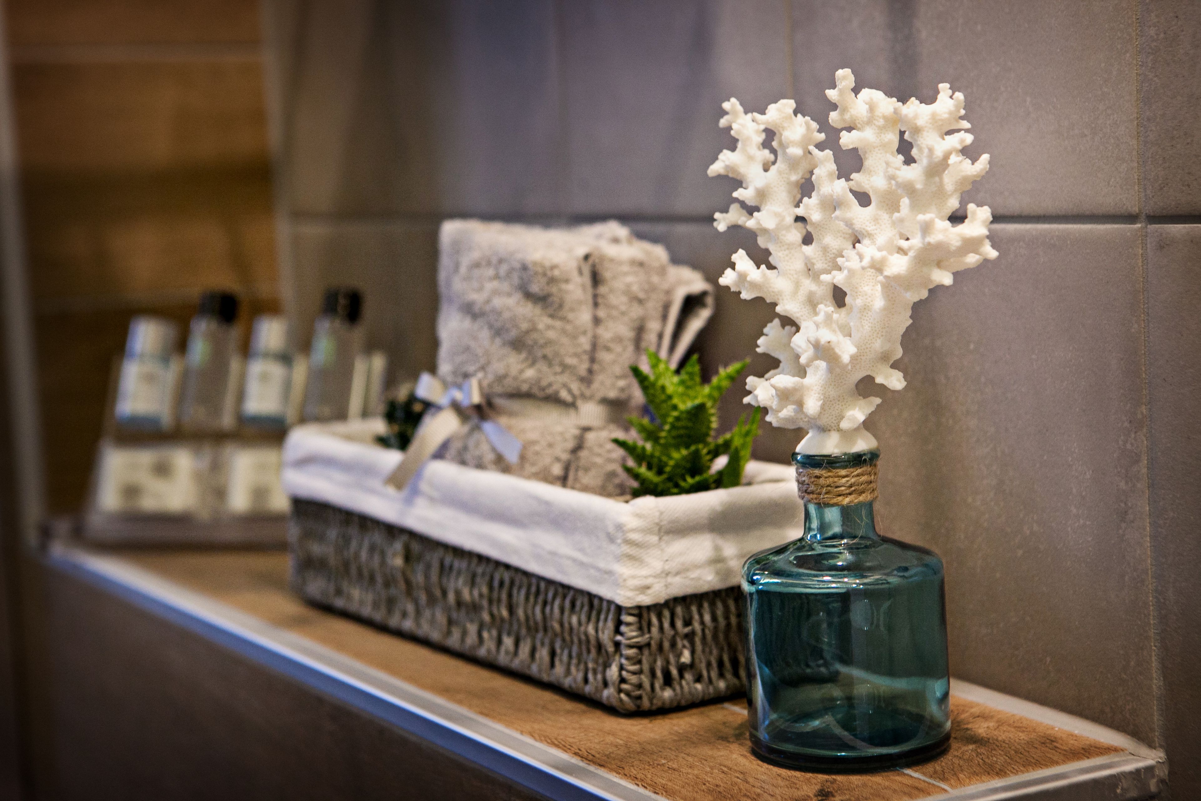 family room | bathroom amenities | shower, hair dryer, towels