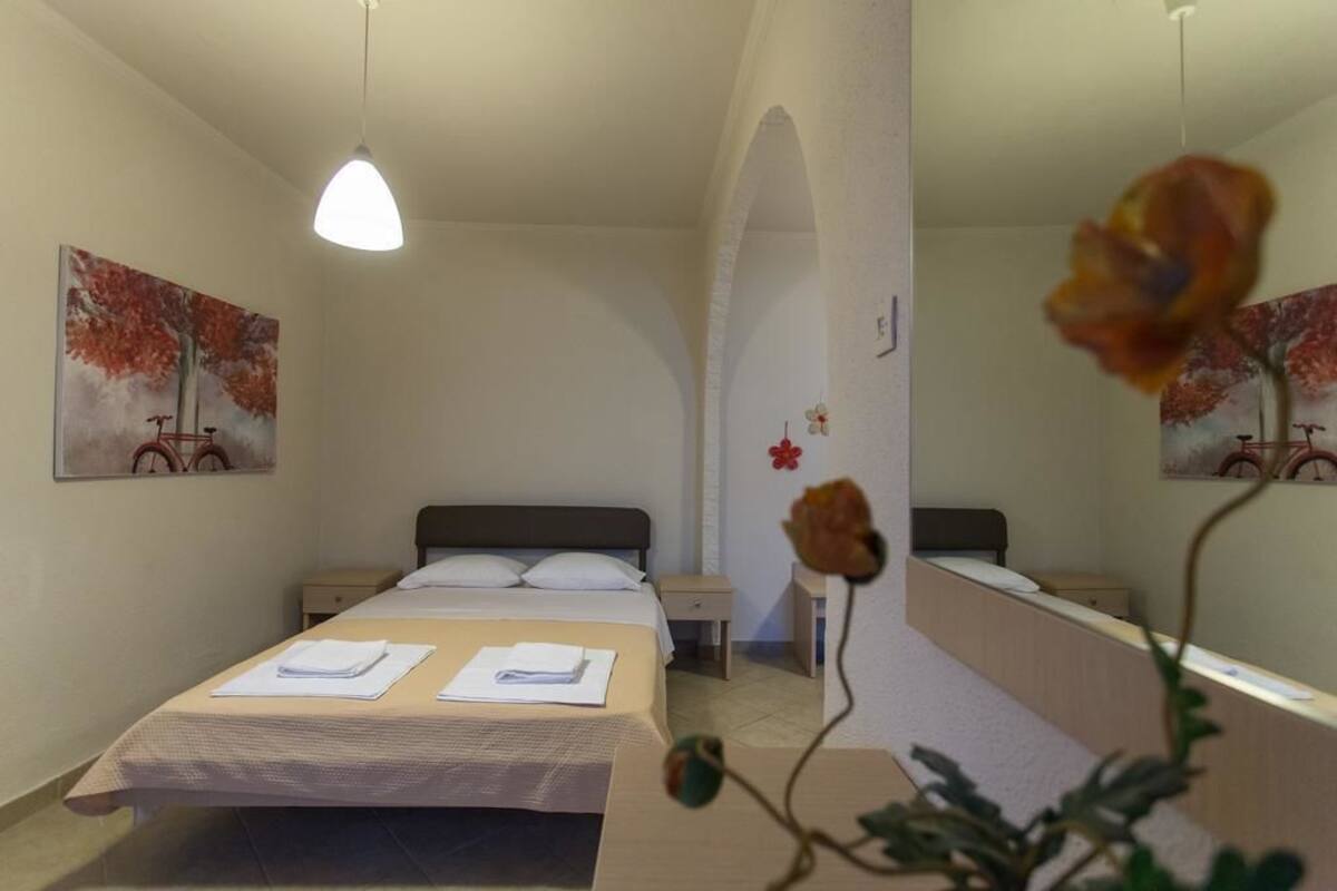 Habitación de hotel con cama, mesita de noche, escritorio y espejo. Hay dos cuadros en las paredes y una flor sobre el escritorio.