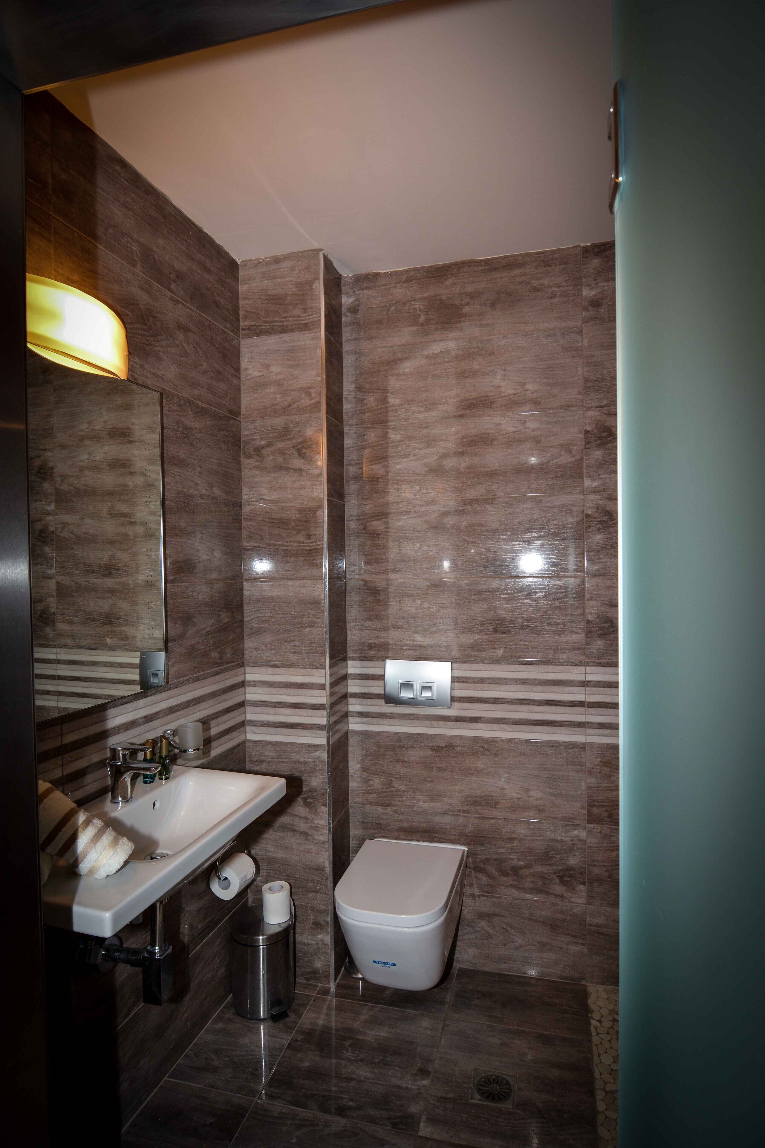 A modern bathroom with a sink, mirror, toilet, and trash can.