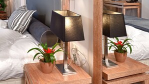 Een moderne hotelkamer met een groot bed, twee nachtkastjes met lampen, een spiegel en een plant in pot.