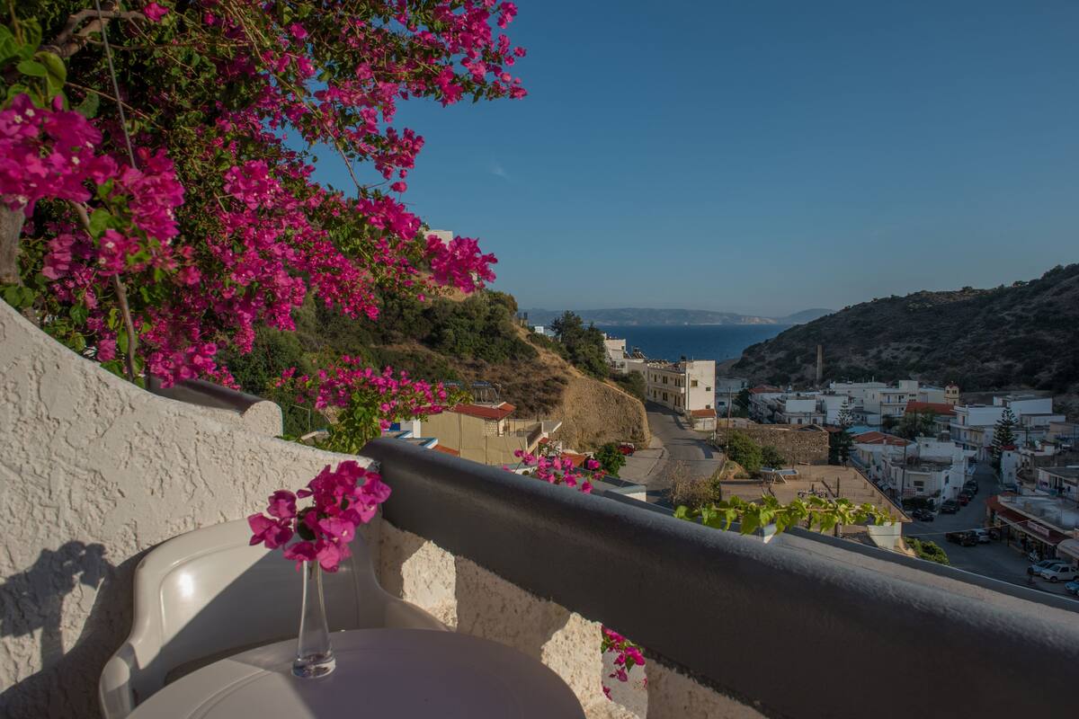 A balcony with a vase of pink flowers, overlooking a coastal town with buildings and a clear blue sky.