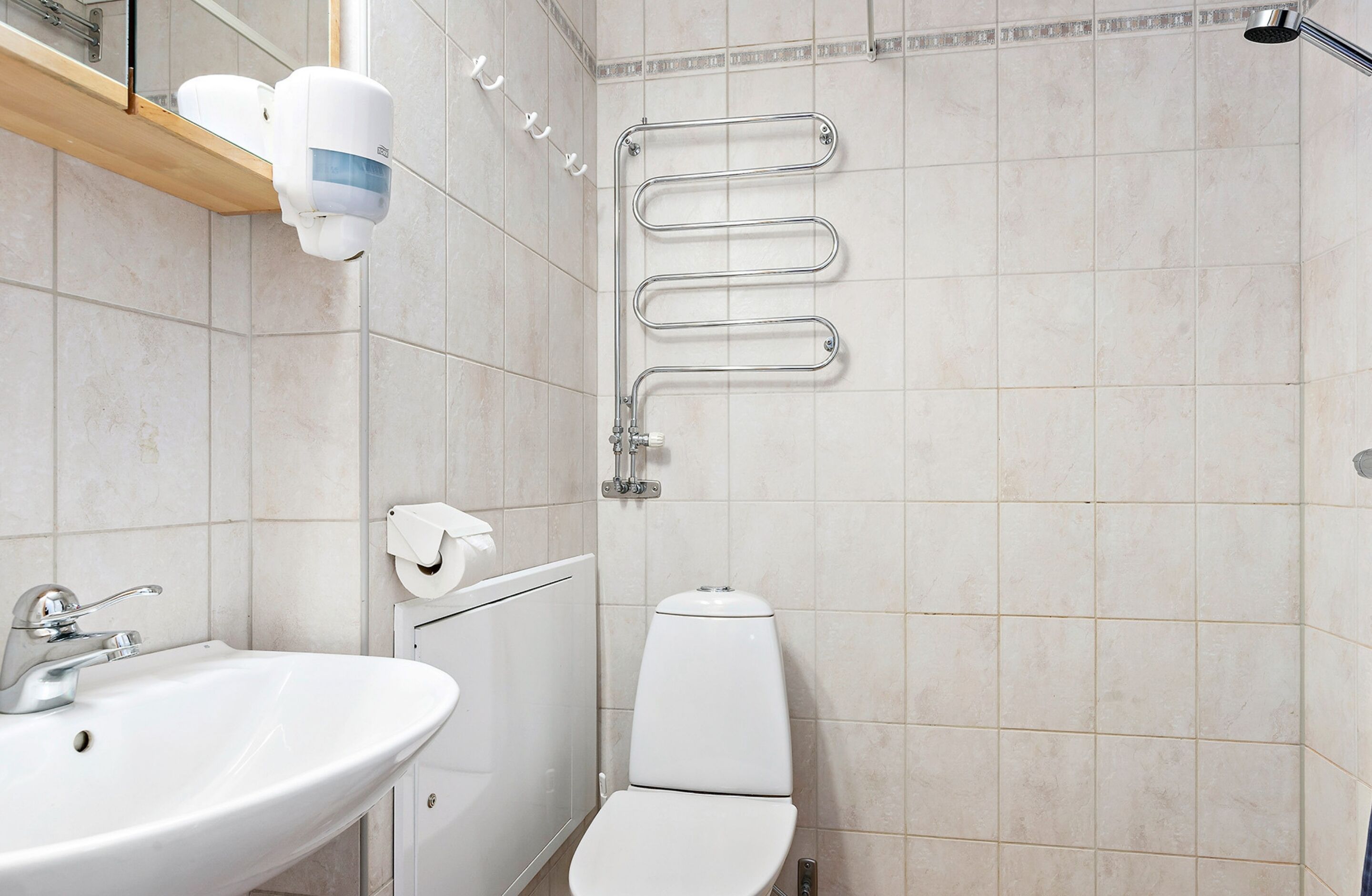 Een badkamer met een wastafel, toilet en handdroger.