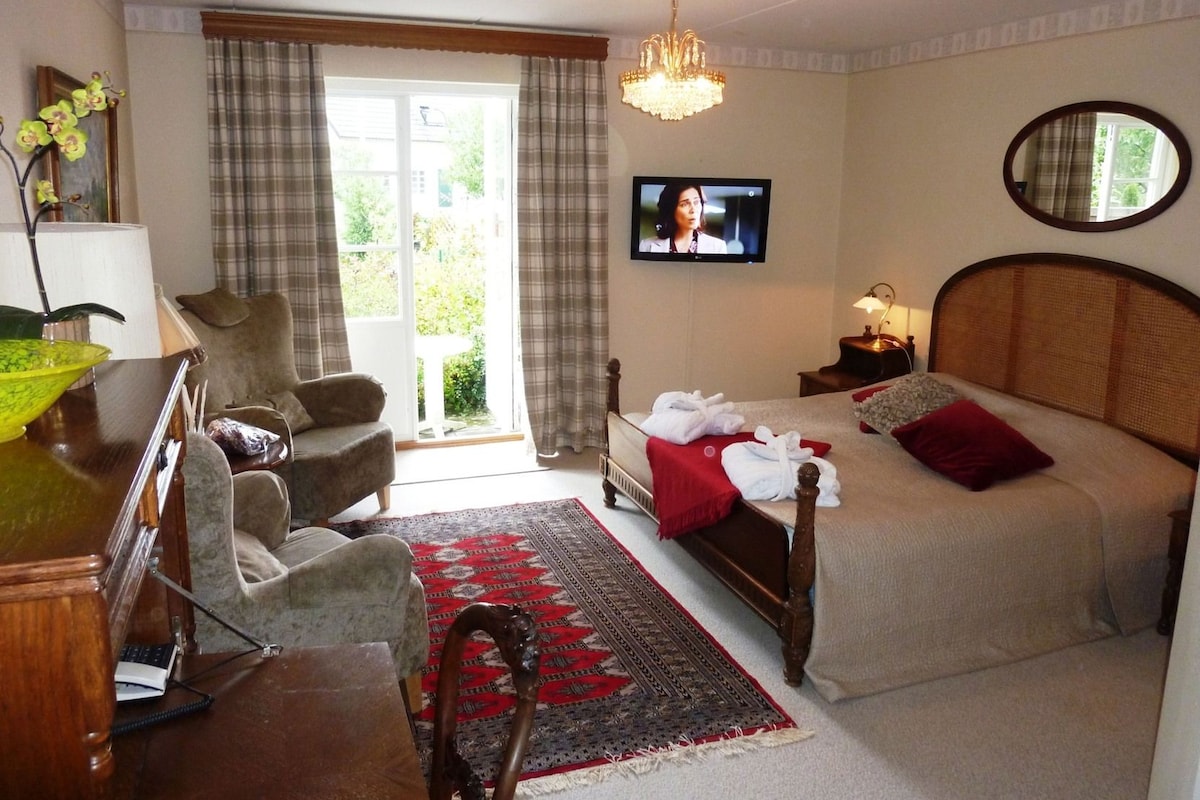A hotel room with a bed, a television, a desk with a chair, a desk lamp, and a view of the outdoors through a window.