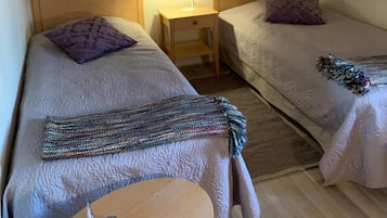 A bedroom with two single beds, a bedside table with a lamp, a small table with a remote control, and a painting on the wall.