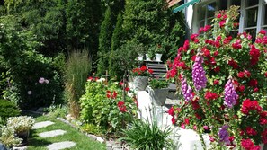 A garden with various plants and flowers, including roses and a hanging flower arrangement. - Nya Pallas Hotel (Falkenberg)