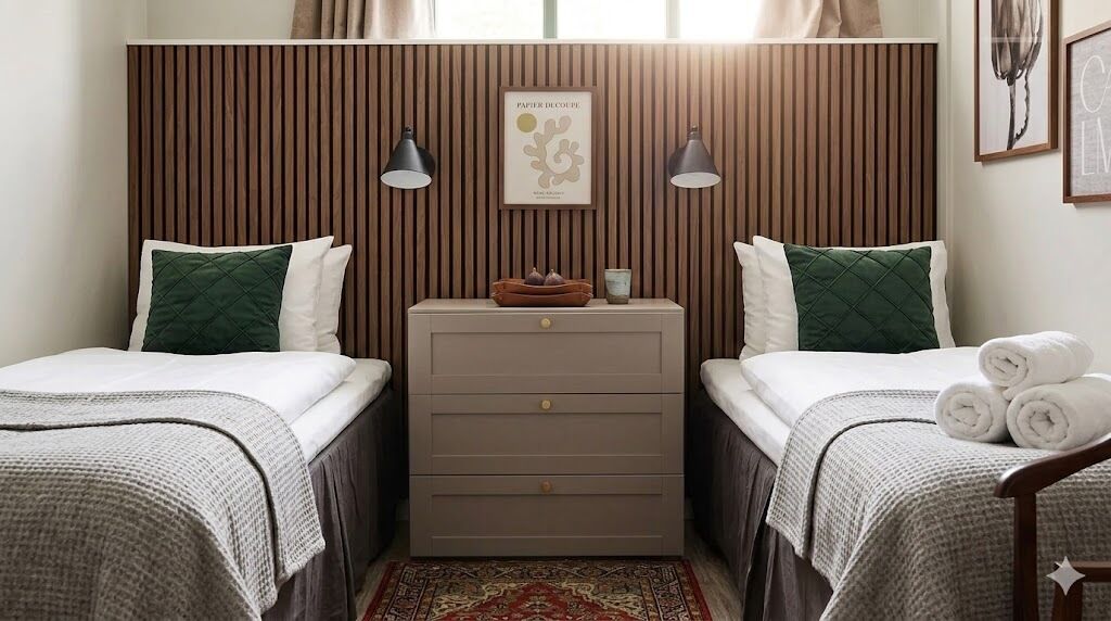 Chambre avec lits jumeaux, salle de bains commune