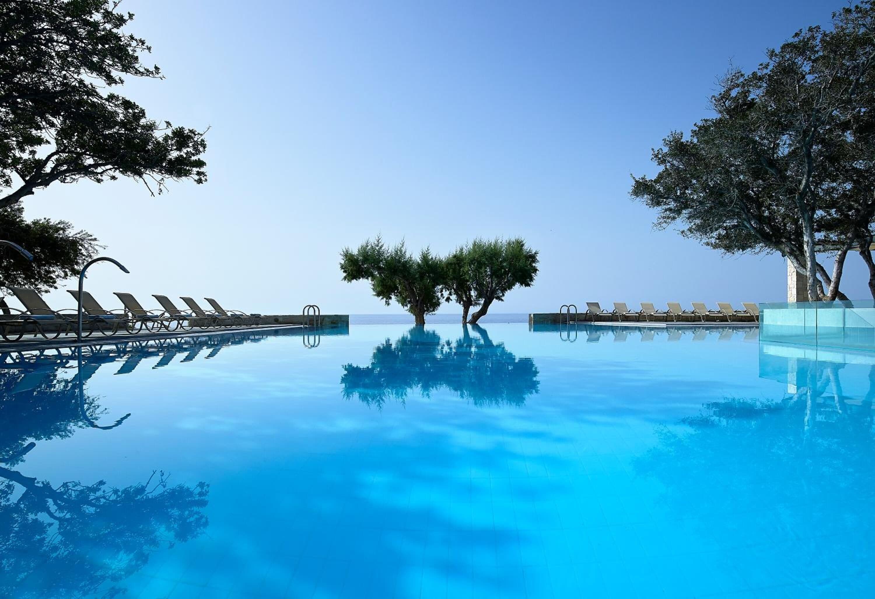 A clear blue infinity pool with lounge chairs and trees on either side.