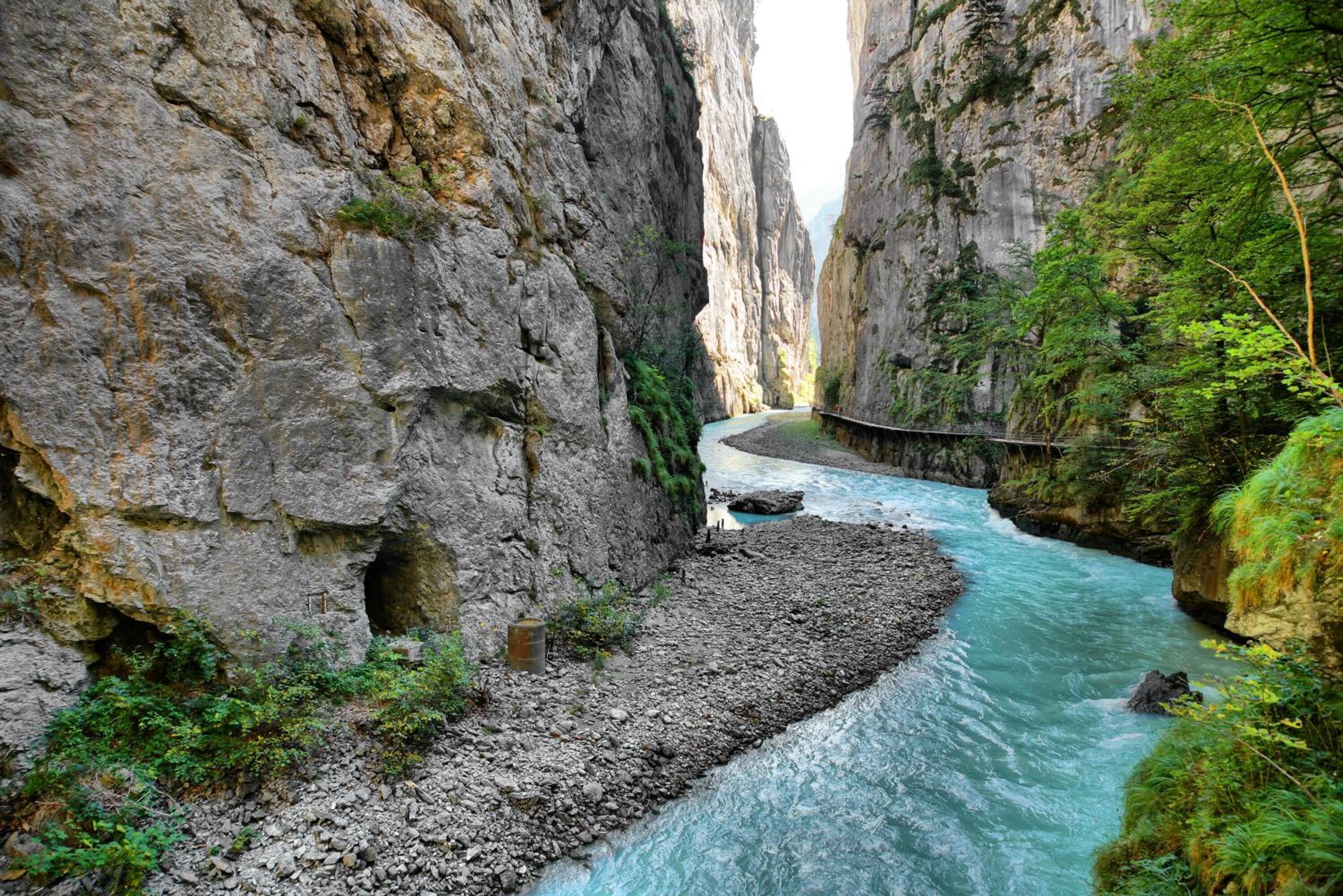 Un cañón estrecho con un río, terreno rocoso y vegetación.
