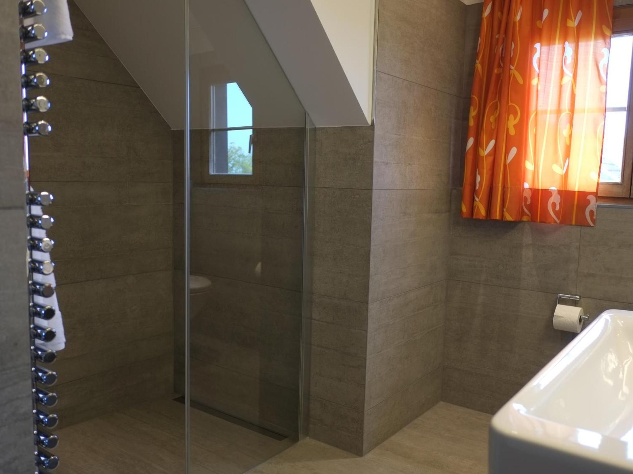 A modern bathroom with a glass shower enclosure, a bathtub, and a toilet.