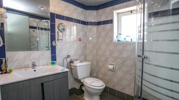 A modern bathroom with a white sink, a toilet, and a glass shower enclosure. - Thalassies (Thasos)