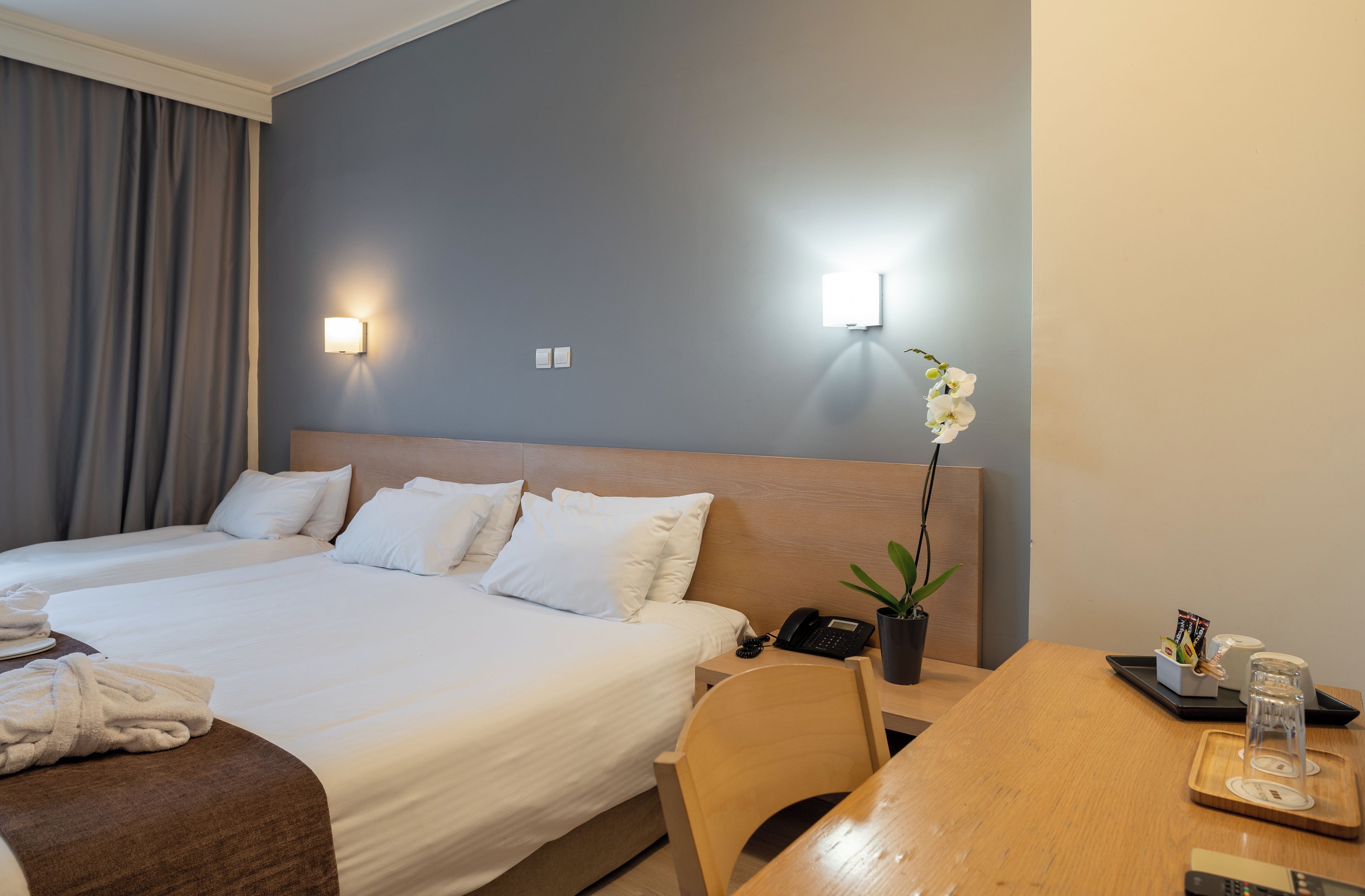 Habitación de hotel con dos camas, un escritorio, una silla, un teléfono, una planta y una bandeja con un vaso y un mando a distancia.