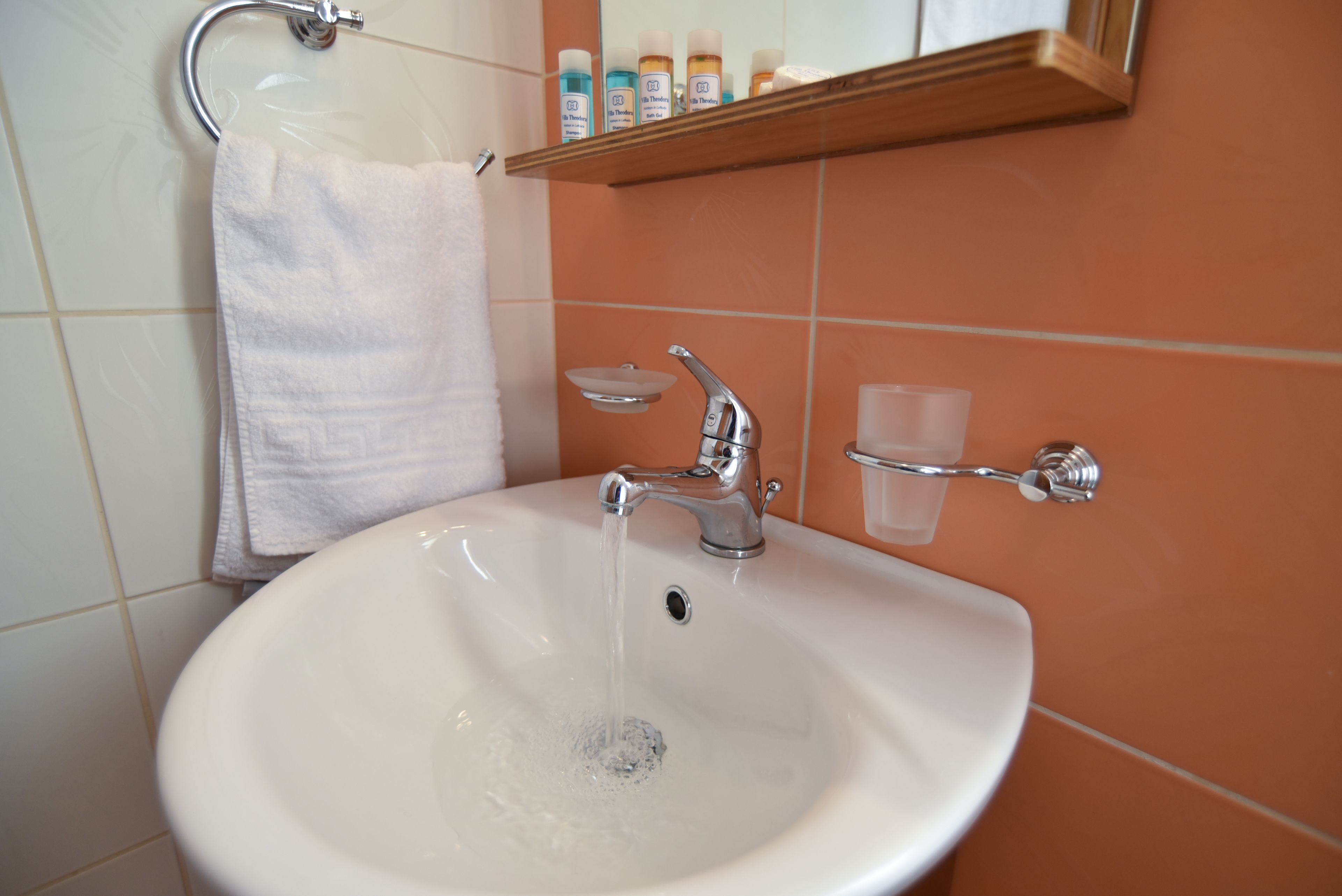 Ein Badezimmer mit Waschbecken, Armatur aus Chrom und Seifenschale aus Glas.