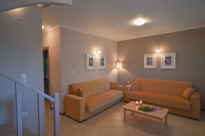 Duplex, 3 Bedrooms, Pool View | Living area | Plasma TV - Villa Theodora (Lefkada)