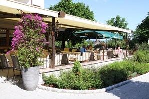 Un café al aire libre con mesas y sillas, rodeado de follaje y una planta grande en maceta.