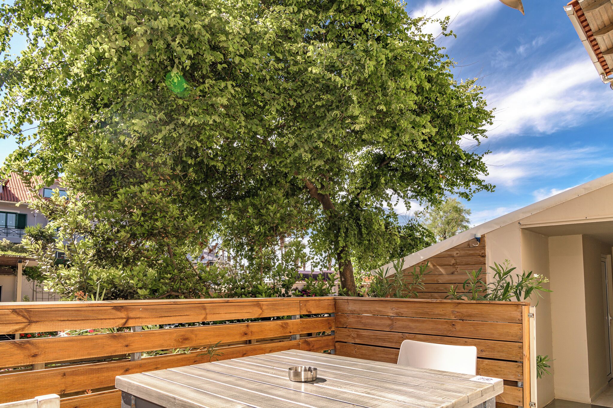 A wooden bench and table set outdoors with a large tree in the background.