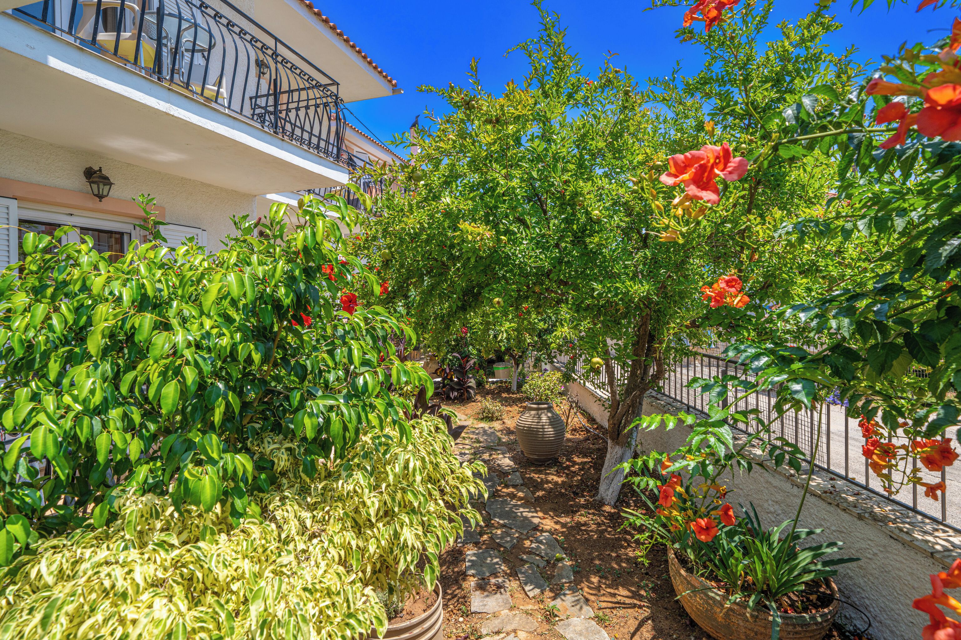 A courtyard with a stone pathway, potted plants, and a building with a balcony.