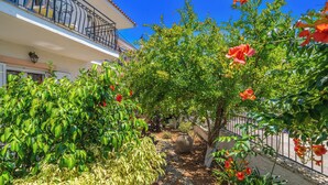 A courtyard with a stone pathway, potted plants, and a building with a balcony. - Dionysios Studios & Apartments (Kefalonia)