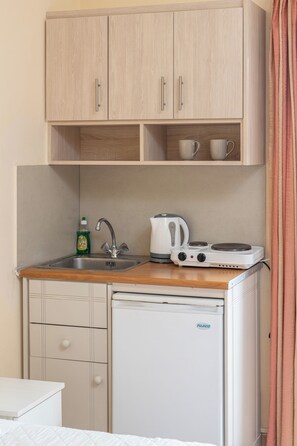 A compact kitchenette with a sink, a kettle, a small refrigerator, and a cabinet above the counter. - Dionysios Studios & Apartments (Kefalonia)