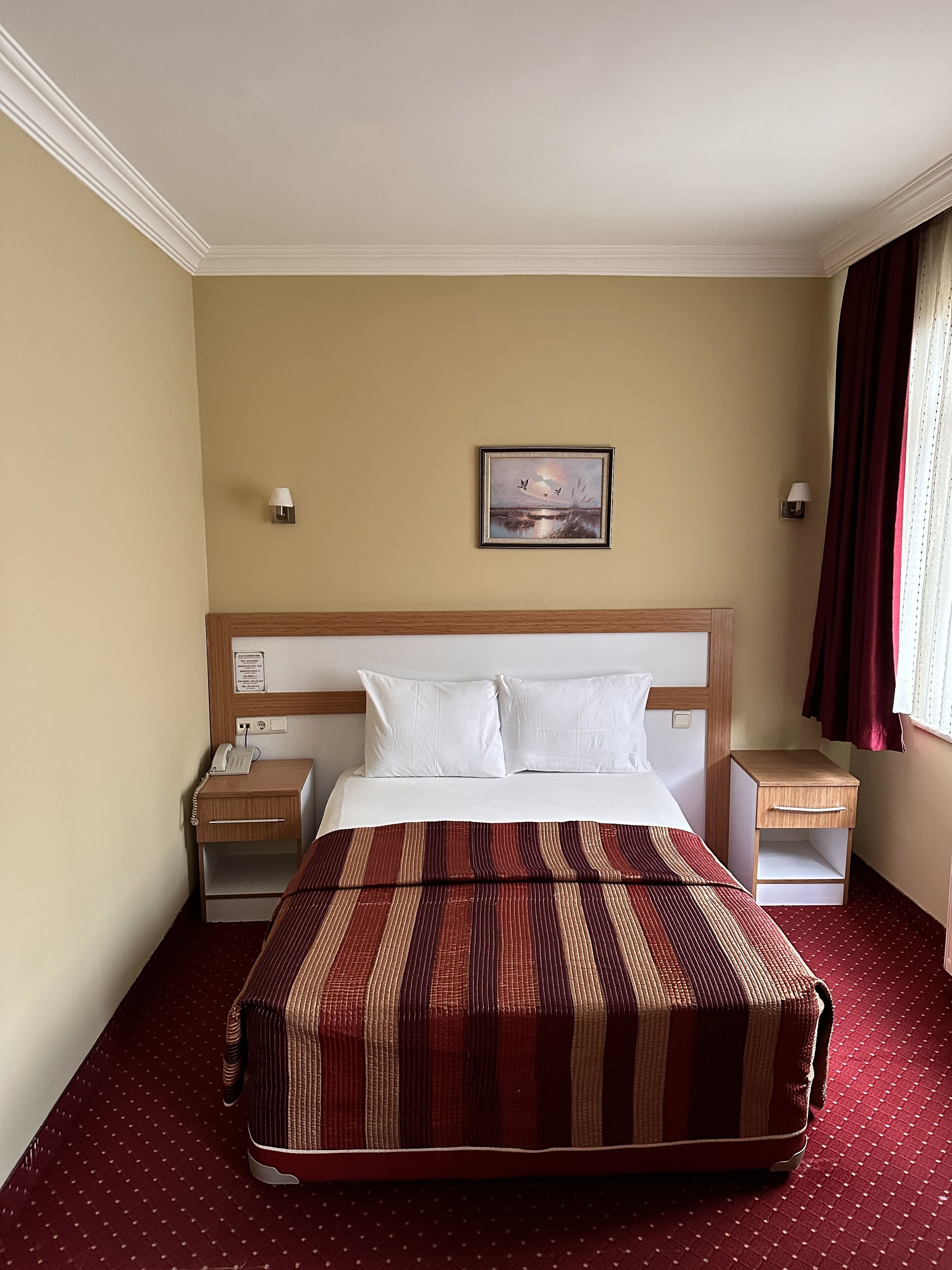 Hotellihuone, jossa on suuri sänky, kaksi yöpöytää, yölamppu, taulu seinällä ja ikkuna, jossa on verhot.