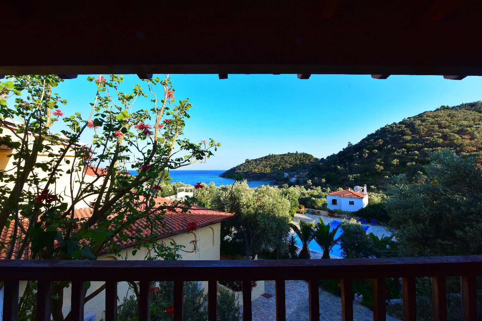 Une vue sur la côte depuis un balcon, avec un ciel dégagé, un bâtiment blanc doté d’un toit rouge et une colline verdoyante.