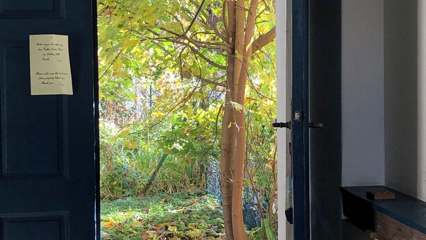 A doorway leading to a garden with a tree and fallen leaves. - Altstadthaus Cityappartements (Graz)
