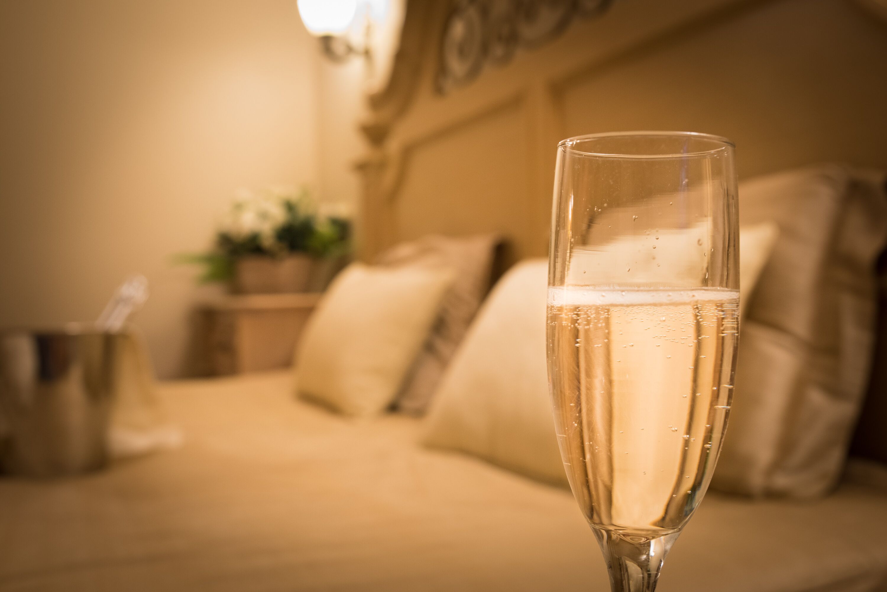 A clear glass of champagne in a well-lit room with a sofa and decorative pillows.
