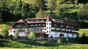 A traditional European hotel with multiple balconies, a prominent entrance, and a lush surrounding landscape. - Hotel Stigenwirth (Krakauhintermuehlen)