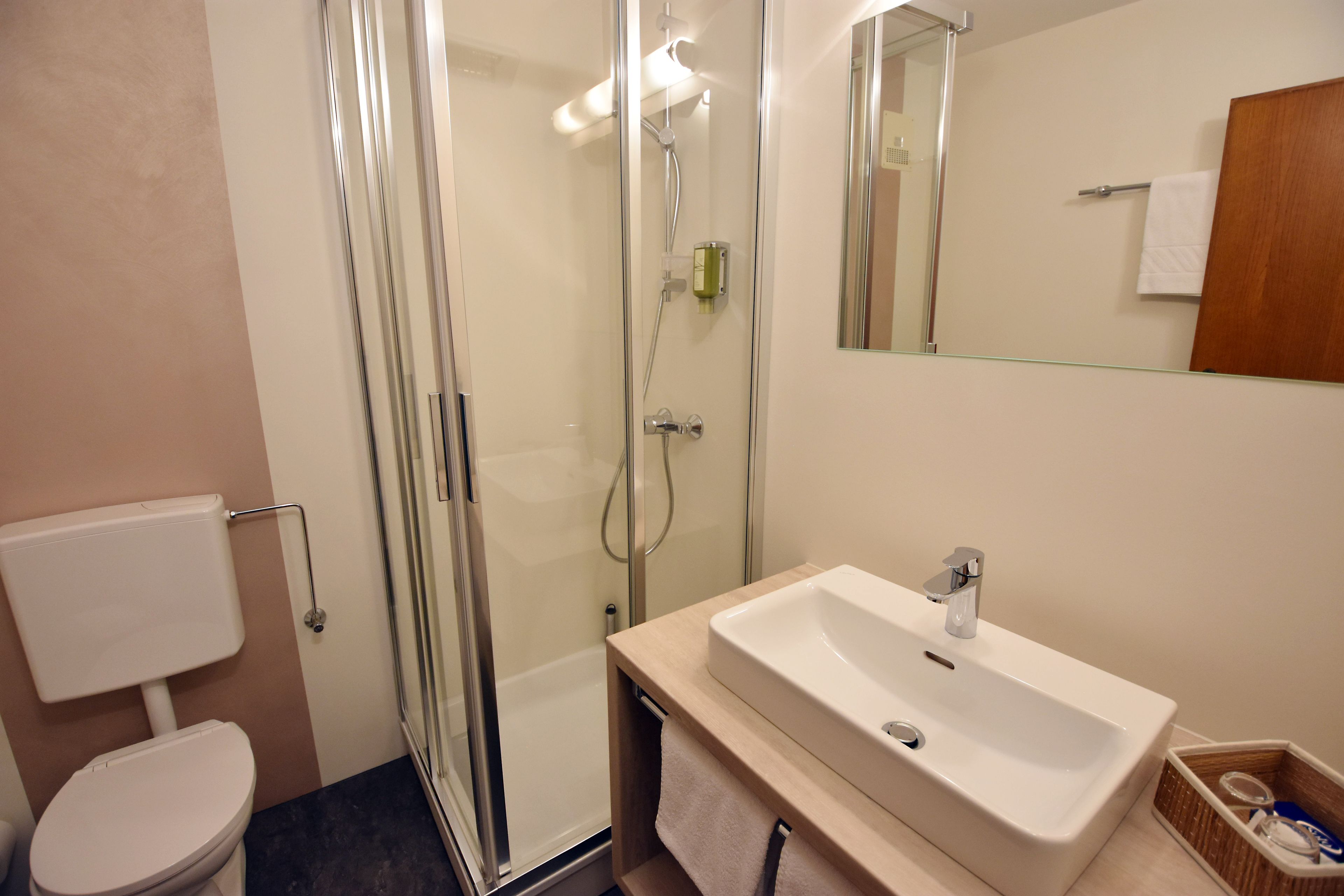 A bathroom with a glass-enclosed shower, a white sink, and a toilet.
