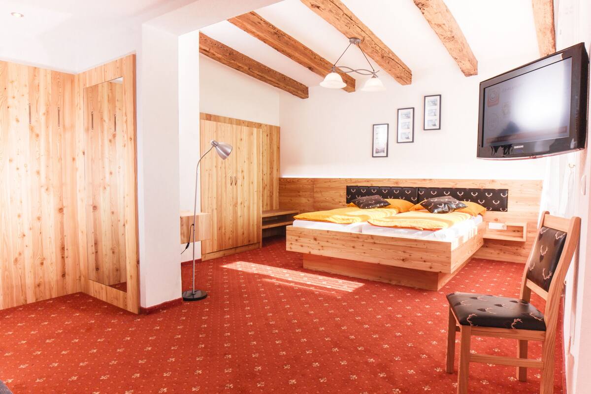 Un dormitorio con una cama de madera, un televisor y una alfombra roja.