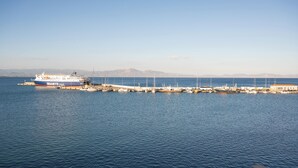 A large cruise ship docked at a pier with a clear view of the sea and distant mountains.