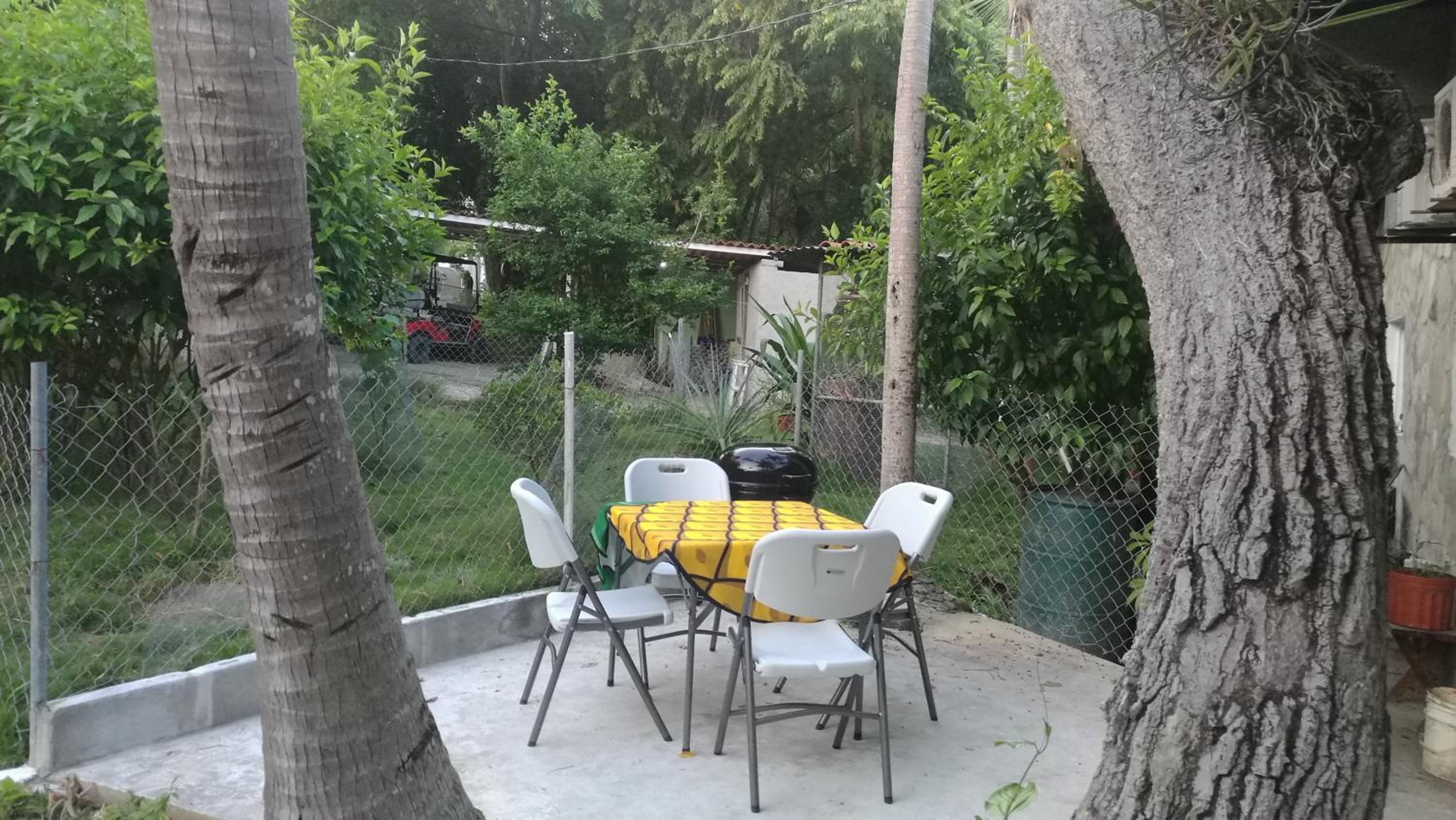An outdoor patio with a table and chairs, surrounded by trees and a fence.