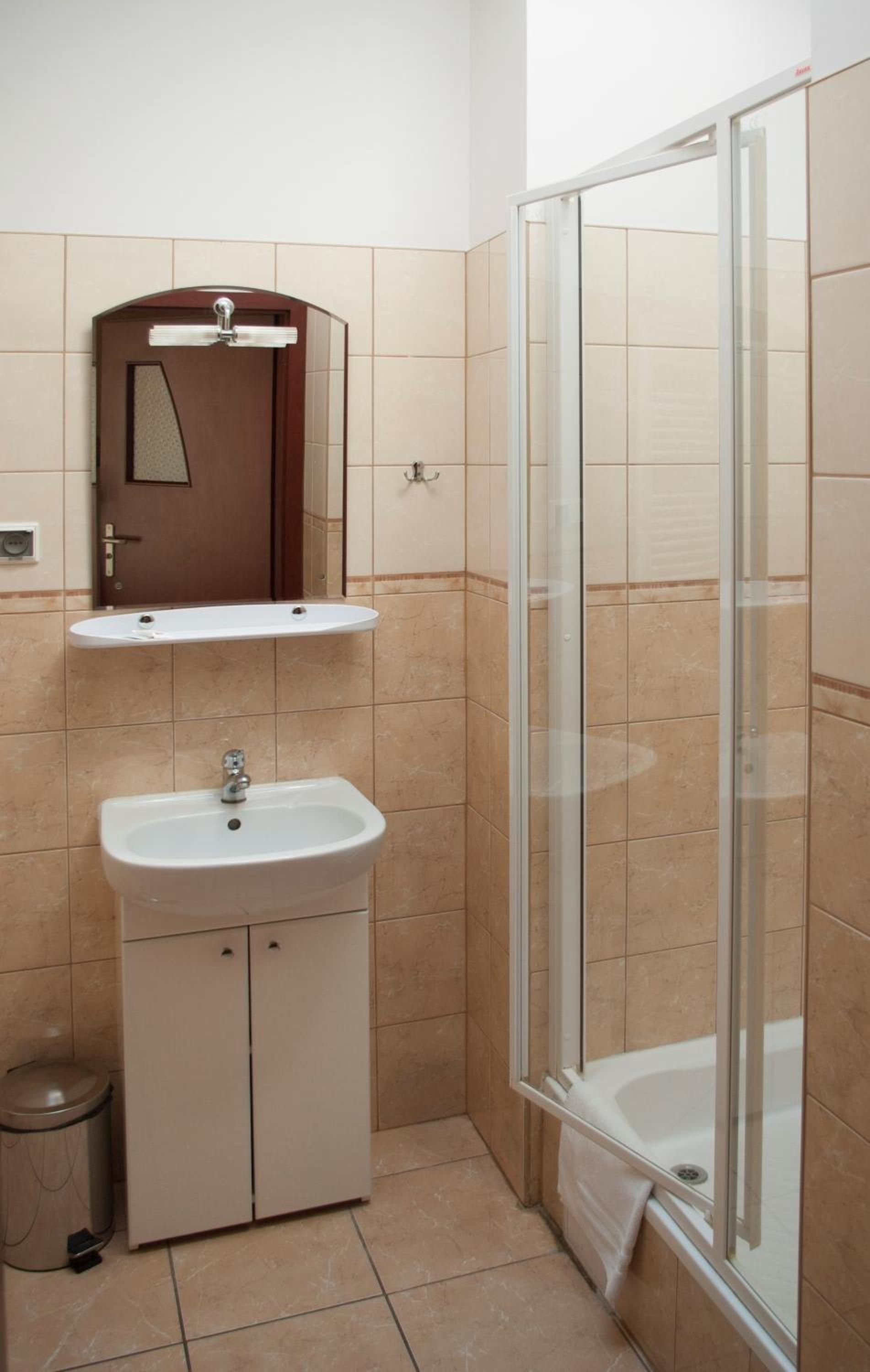A bathroom with a sink, mirror, and shower.