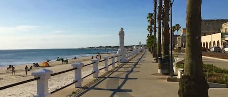 Un paseo marítimo con playa, palmeras y una estructura de columnas blancas.