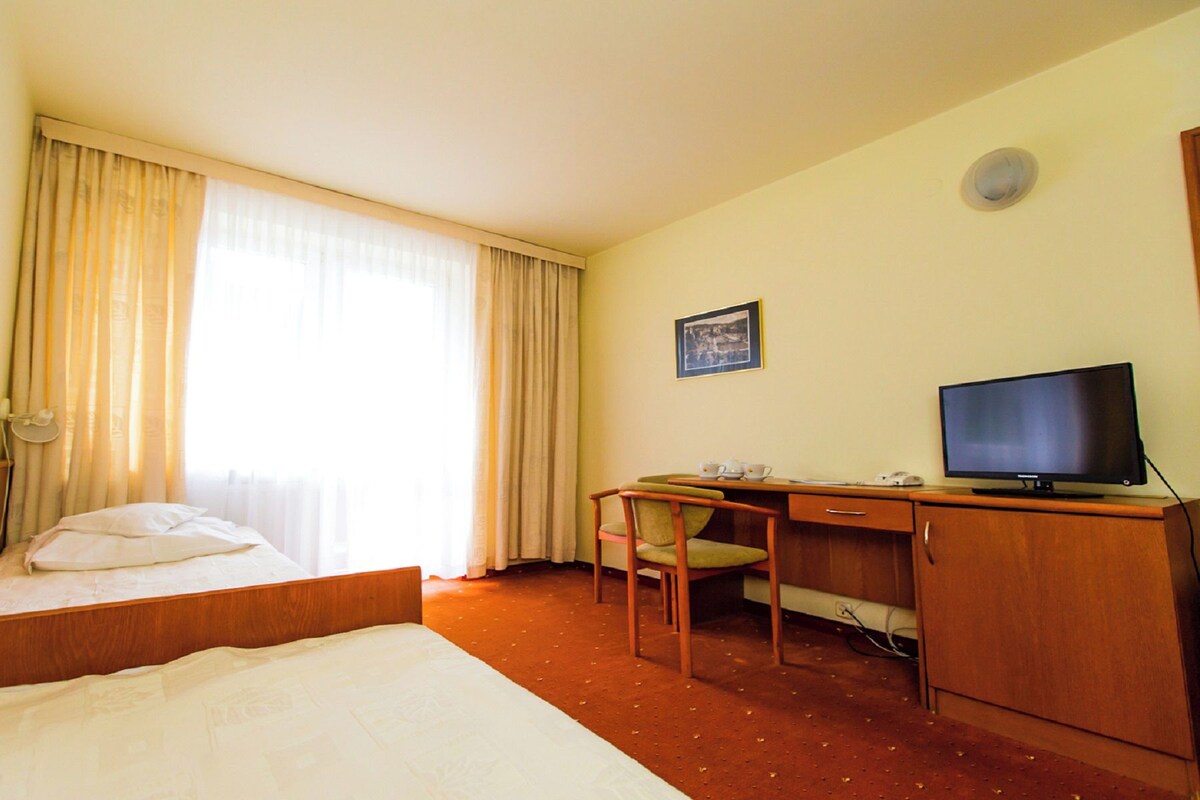 A hotel room with a bed, a desk, a chair, a television, and a window with curtains.