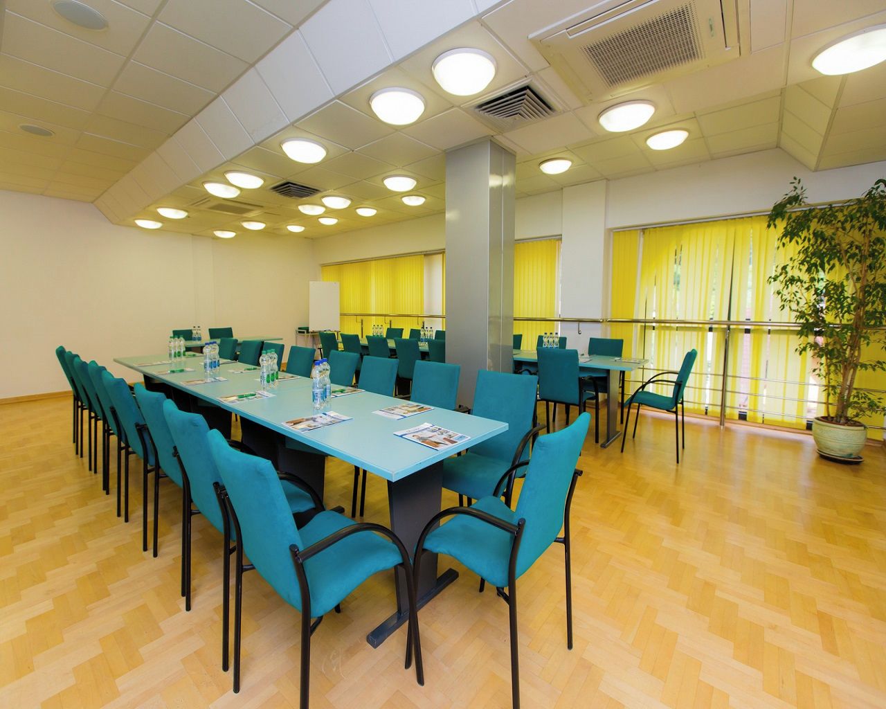Ein Konferenzraum mit einem langen Tisch, Stühlen und einer Zimmerpflanze.