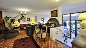 A living room with a fireplace, seating area, and a view through a glass door. - Herberge an der Nikolauszeche (Purbach am Neusiedlersee)